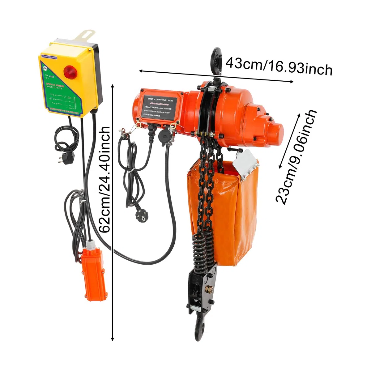 Treuil électrique à chaîne, 1 000 kg, avec télécommande, 1 300 W, hauteur de levage de 6 m, 100 m sans fil et télécommande filaire de 4,5 m, treuil électrique pour usine, entrepôt, atelier (rouge +