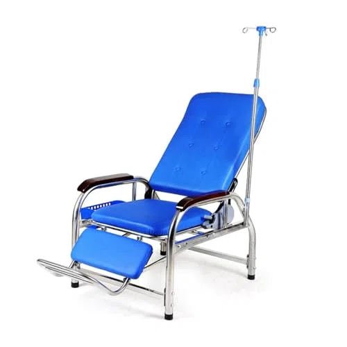 Fauteuil de prélèvement sanguin inclinable et réglable avec potence à perfusion et accoudoirs pour les prélèvements sanguins en cliniques et spas (accoudoirs en bois entièrement inclinables)